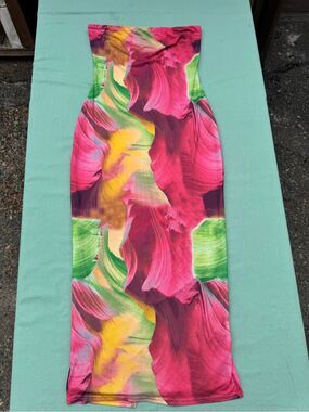 12th Tribe Strapless Abstract Floral Bodycon Maxi Dress Multicolor M